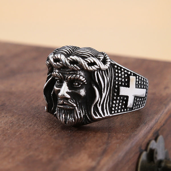 Anillo de oración con cruz cristiana de Jesús vintage para hombre, estilo punk, de acero inoxidable, para Pascua