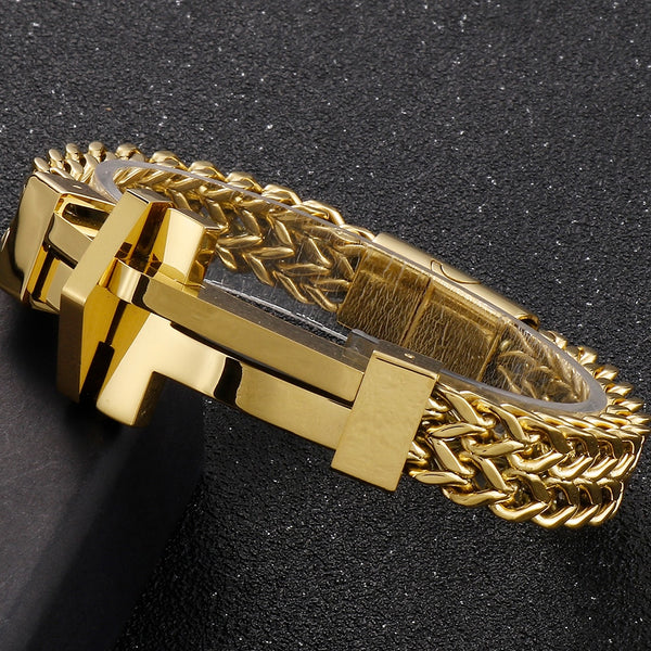 Pulsera de acero inoxidable con eslabones cruzados, chapada en oro pulido, color negro mate.