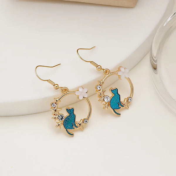 Pendientes de gato bonitos de moda para mujer, pendientes colgantes geométricos con diseño de flor de luna y dibujos animados coreanos.