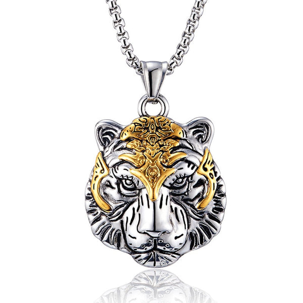 Collar de tigre de acero inoxidable que nunca se decolora, empaquetado en caja de madera como regalo para hombre.