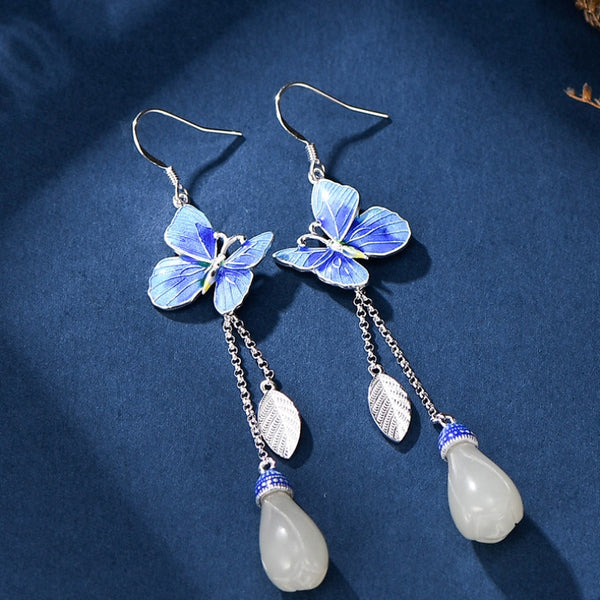 925 silver enamel tassel blue butterfly earrings for women