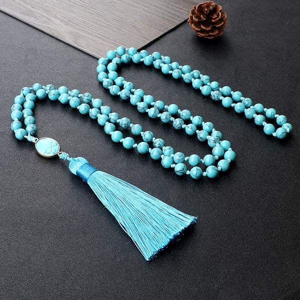 Collar con 108 cuentas de mala de piedra natural azul de 8 mm para mujeres y hombres. Colgante de hilo de cuentas azules.