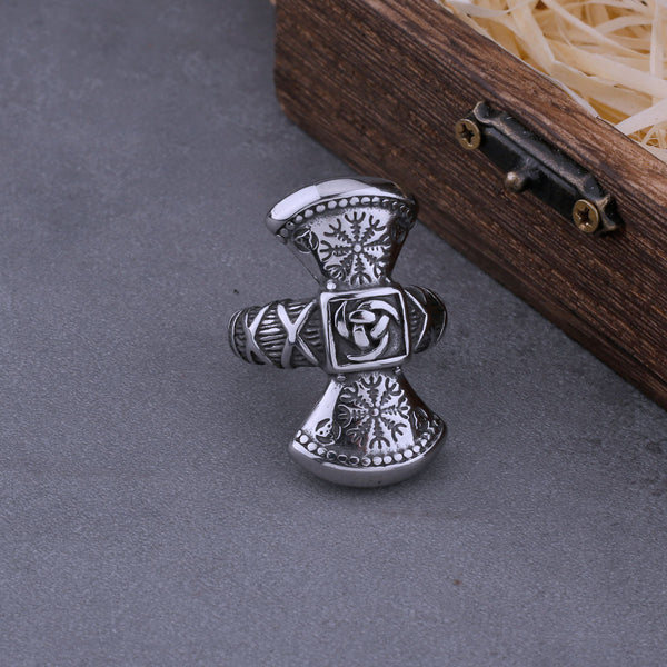 Nuevo anillo vikingo con hacha doble y brújula con señal de carretera para hombre