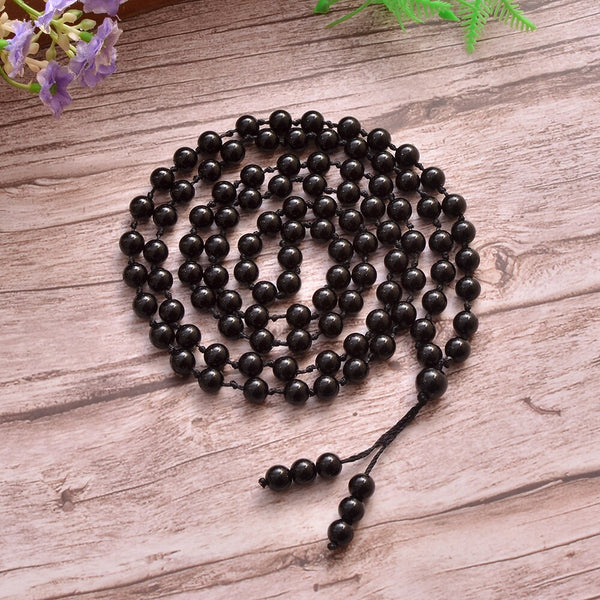 Collar de oración con 108 cuentas de mala anudadas de ónix negro de 8 mm