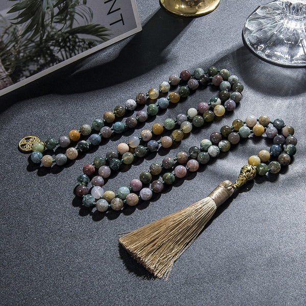8mm Indian Agate Knotted 108 Mala Beads Necklace Meditation Yoga Prayer Beads