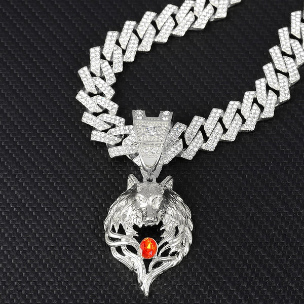 Fashion Creative Ruby Wolf Head Necklace Wolf Head Pendant Hip Hop Punk Necklaces for Men
