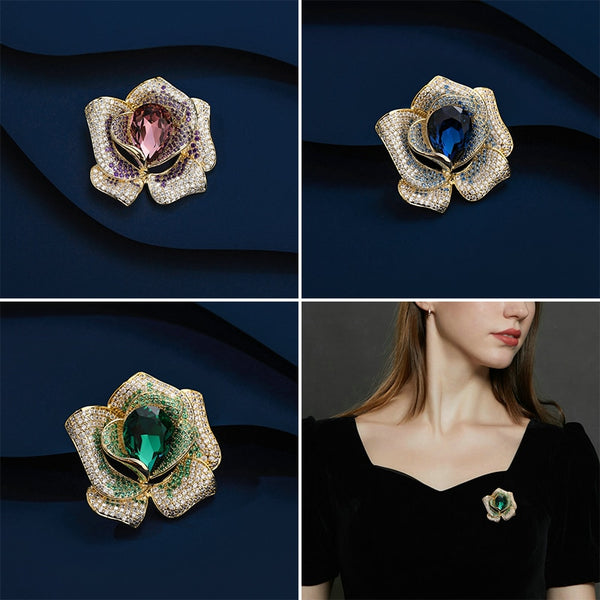 Copper Micro Inlaid Cubic Zirconia Rose Mountain Camellia Brooch Jewelry Gifts
