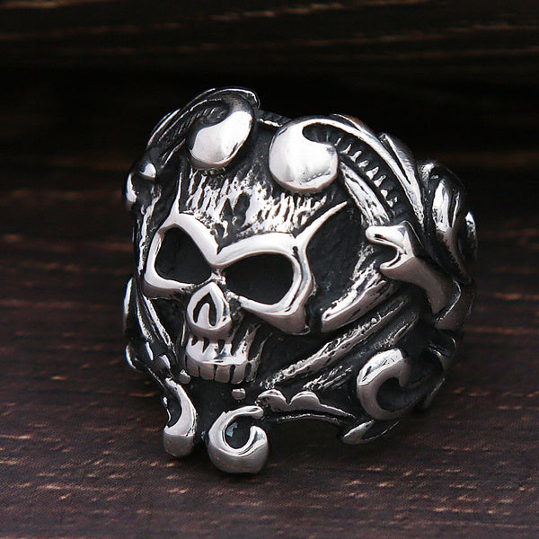 Anillo de calavera estilo punk hip hop para hombre con grabado de calavera y motorista.