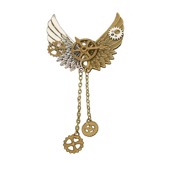 Retro Steampunk Wings Brooch Pins Tassel Chain Badge Men Shirt Suit