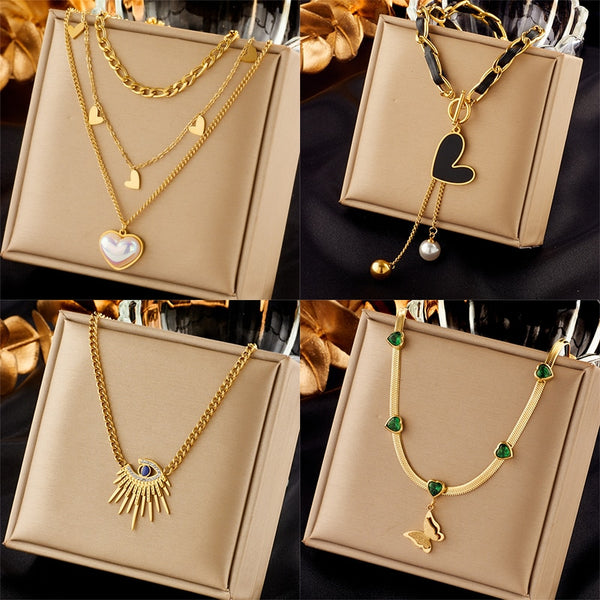 Collar con colgante de mariposa, corazón, perla y ojo de acero inoxidable 316L para mujer