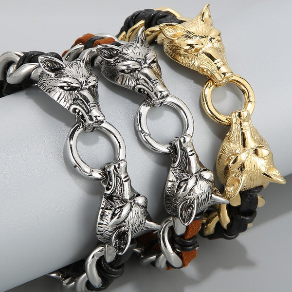 Pulsera de cuero trenzado con diseño de lobo punk para hombre con forma de calavera de dragón