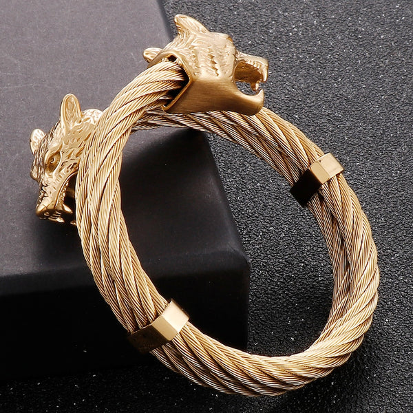 Brazalete abierto con cabeza de lobo vikingo y cable trenzado para hombre