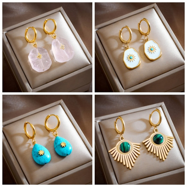 316L Stainless Steel Vintage Green Stone Sun Geometric Hoop Earrings For Women