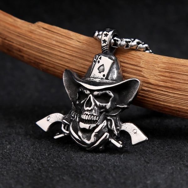 Nuevo collar con colgante de calavera y sombrero de vaquero punk vintage para hombre, estilo gótico motero, estilo póker.