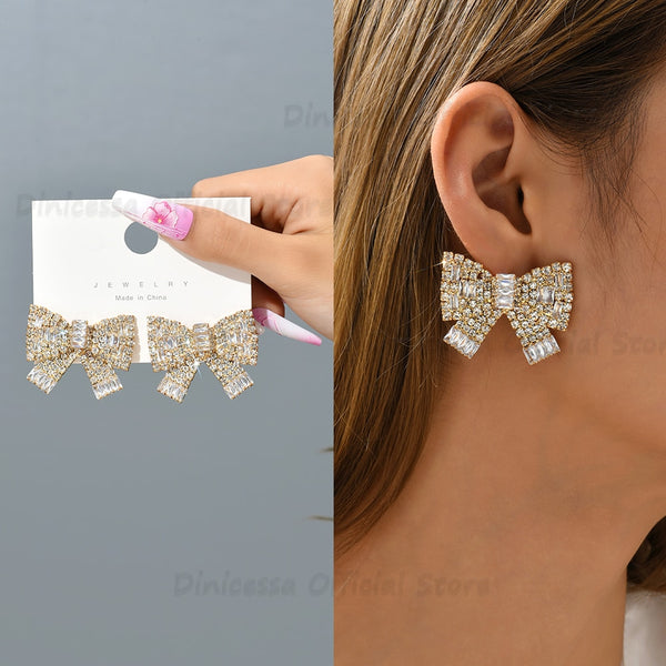 Elegantes y lindos pendientes de botón con lazo y diamantes de imitación para mujer