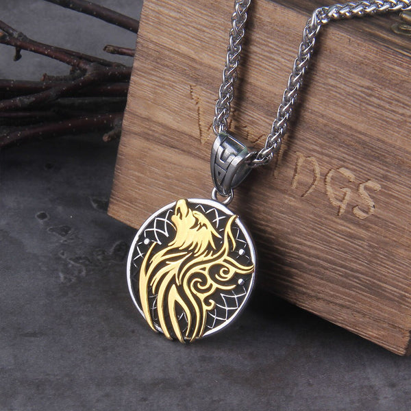 Collar de runas de lobo Yggdrasil de acero inoxidable vikingo nórdico con caja de madera como regalo para hombres
