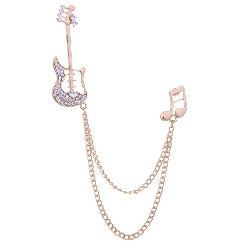 Korean New Guitar Music Notes Brooch Crystal Tassels Chain Lapel Pin Suit Coat Corsage Brooches