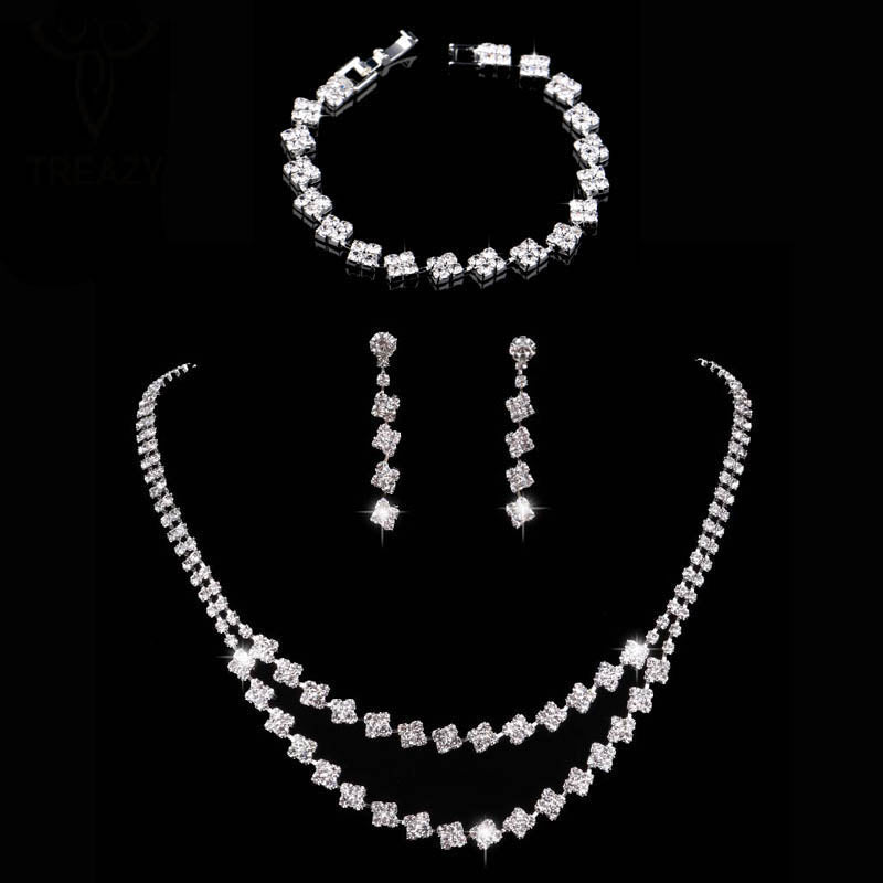 Silver Color Geometric Choker Crystal Wedding Jewelry Sets