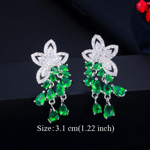 Korean Style Light Blue Green Cubic Zirconia Silver Color Cute Dangle Leaf Drop Earring