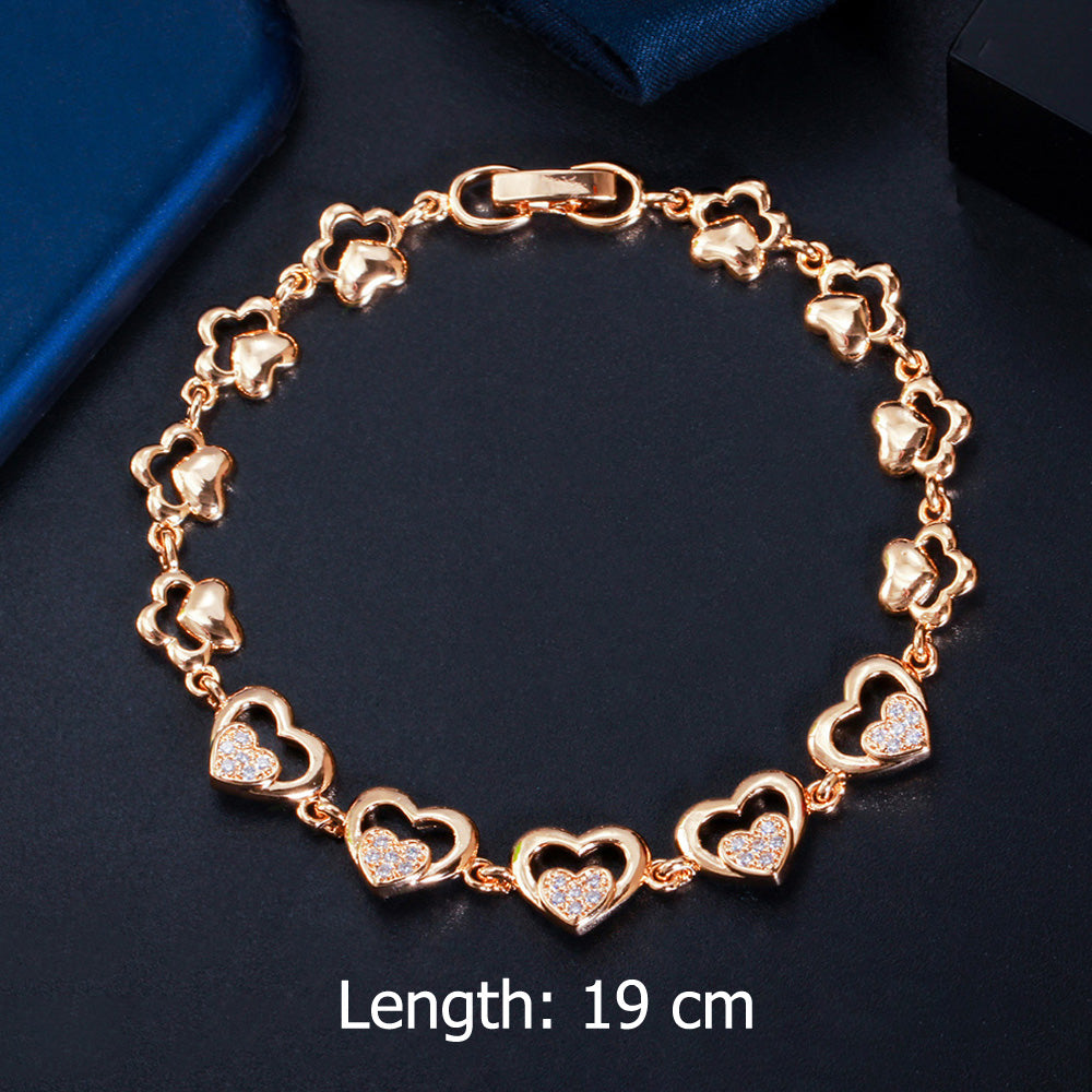 Love Heart Shape CZ Zircon Yellow Gold Chain Link Hand Bracelets