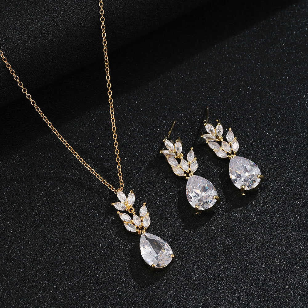 Zircon Olive Branch Earrings and Pendant Jewelry Sets