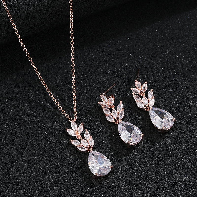 Zircon Olive Branch Earrings and Pendant Jewelry Sets