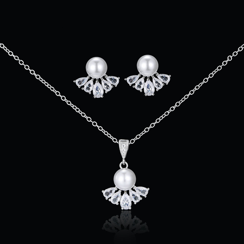 Luxury CZ Zirconia Simulated Pearl Earrings Pendant Necklace Sets
