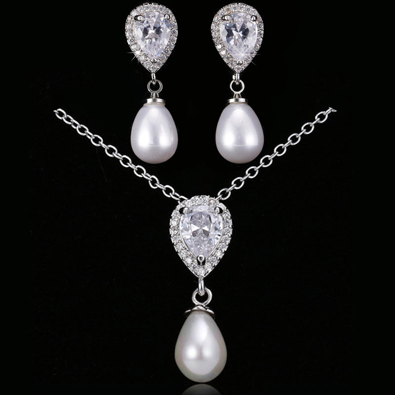 Luxury CZ Zirconia Simulated Pearl Earrings Pendant Necklace Sets