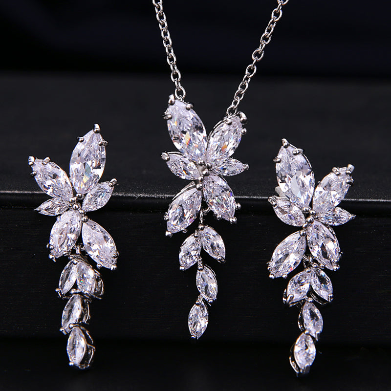Zircon Olive Branch Earrings and Pendant Jewelry Sets