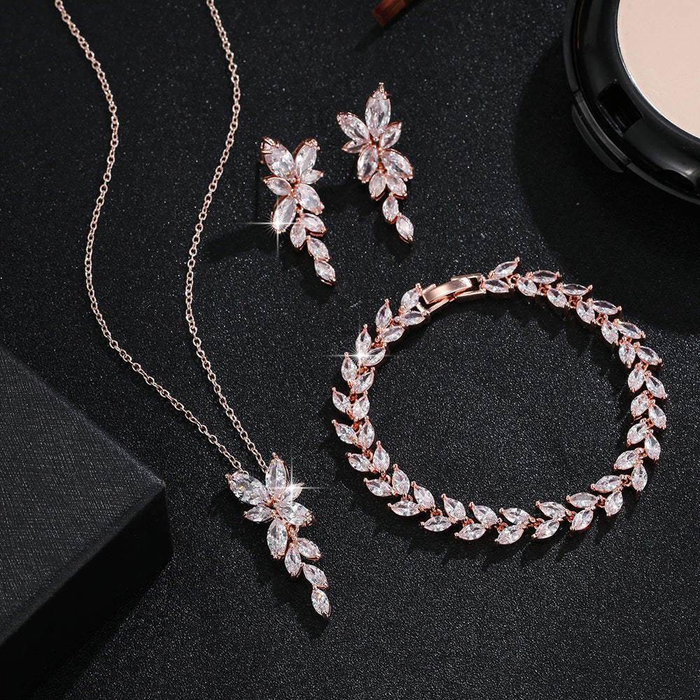 Leaf Shape Fashion CZ Necklace Earring Bracelet and Ring Sets