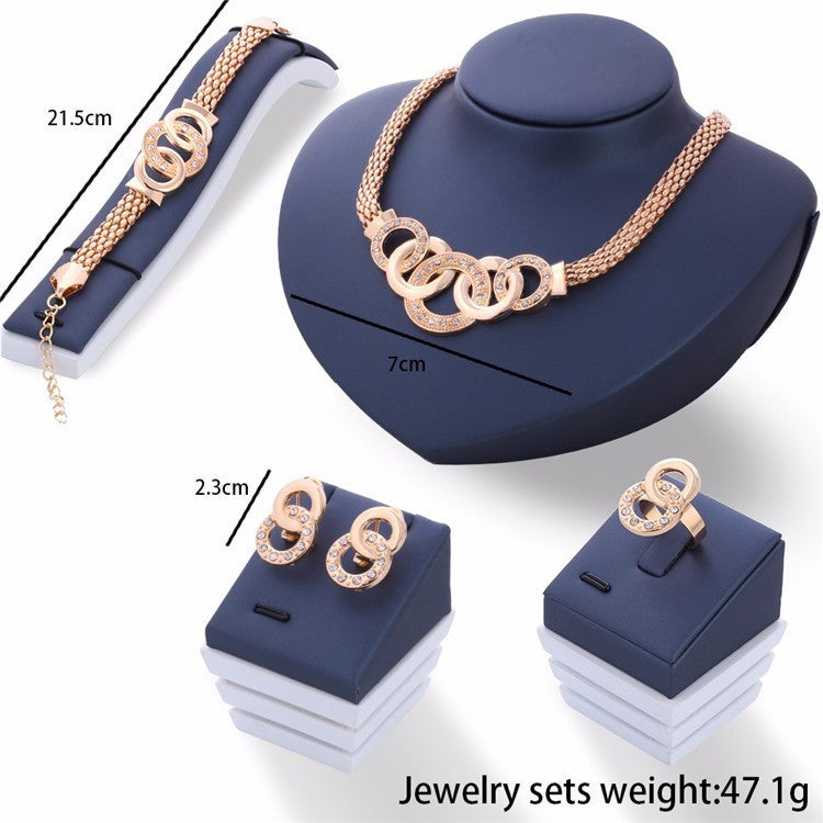 Gold Plated Crystal Zircon Metal Chain Necklace Bracelet Earring Ring Set
