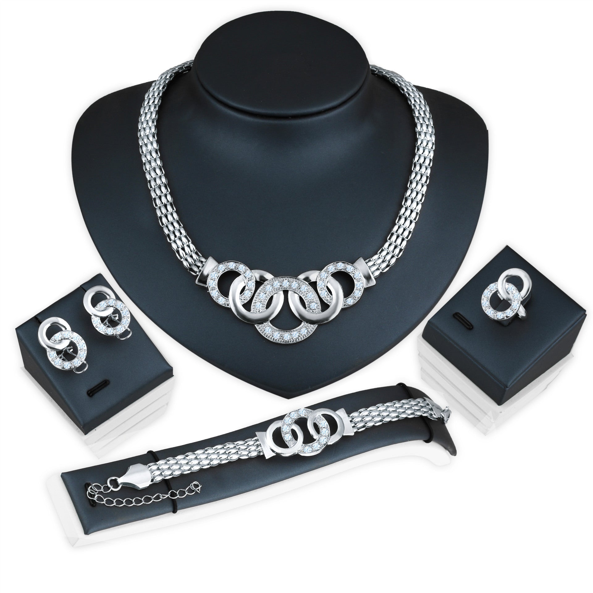 Gold Plated Crystal Zircon Metal Chain Necklace Bracelet Earring Ring Set
