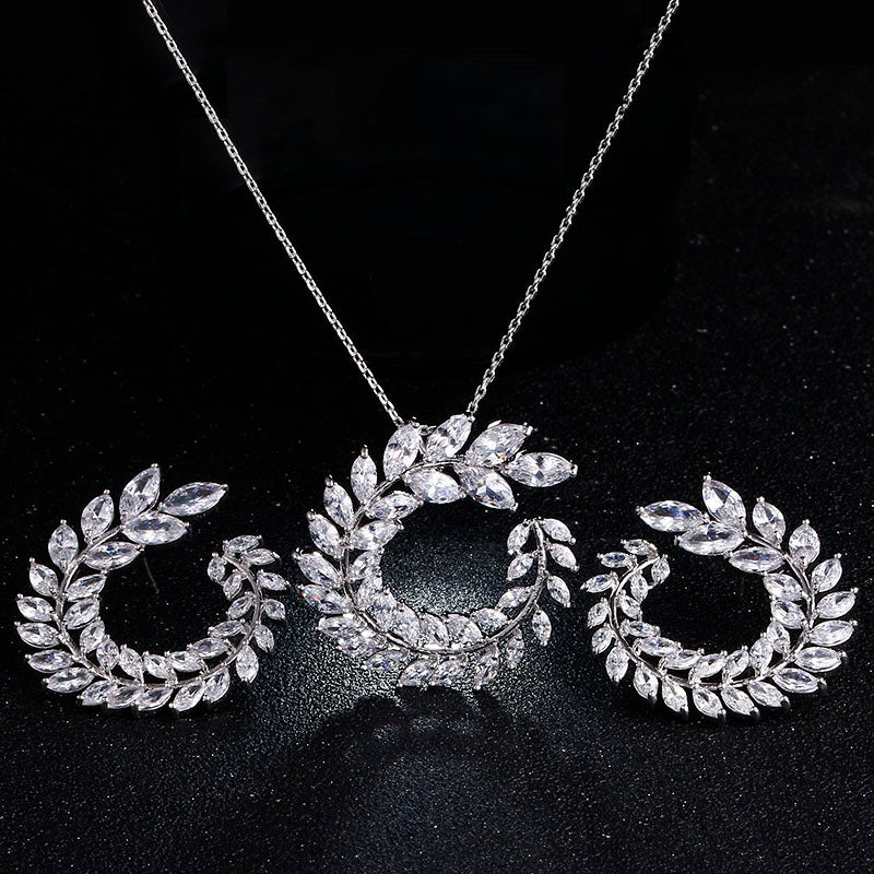 Zircon Olive Branch Earrings and Pendant Jewelry Sets