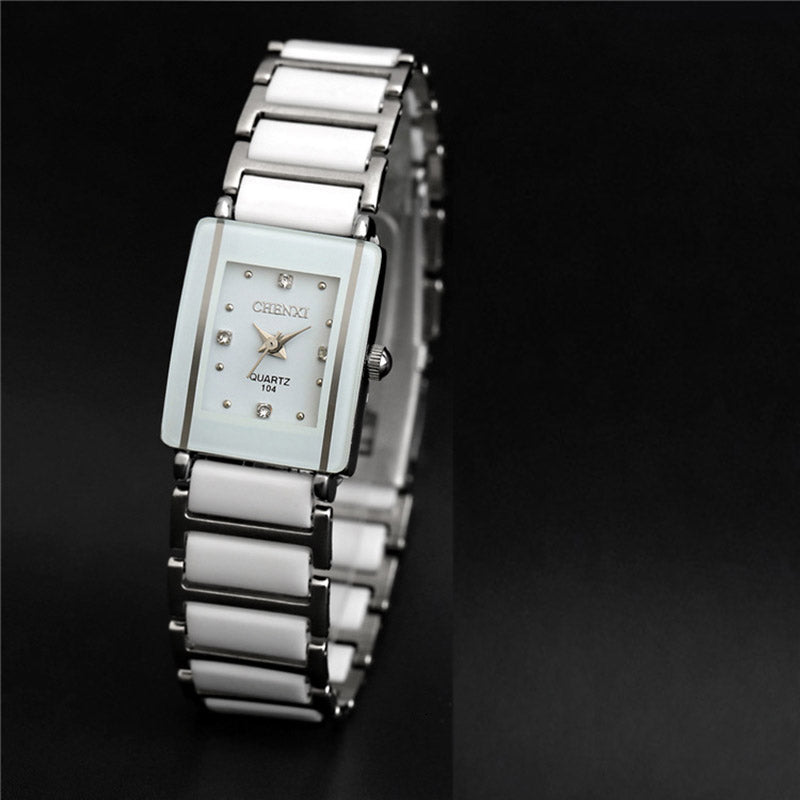 Analog Quartz Ceramic Steel Square Clock Couple Lovers Watch