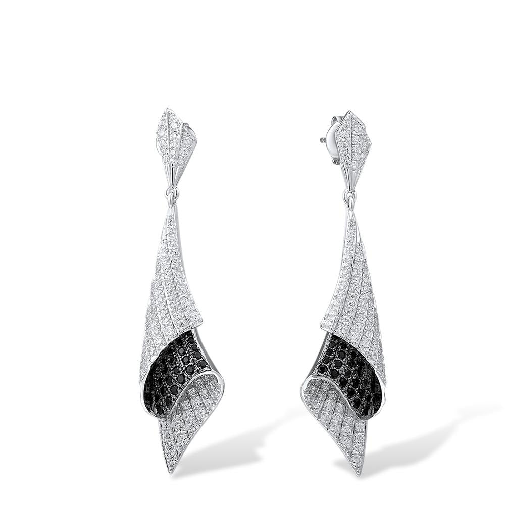 925 Sterling Silver Folded Black Spinel White Cubic Zirconia Earrings