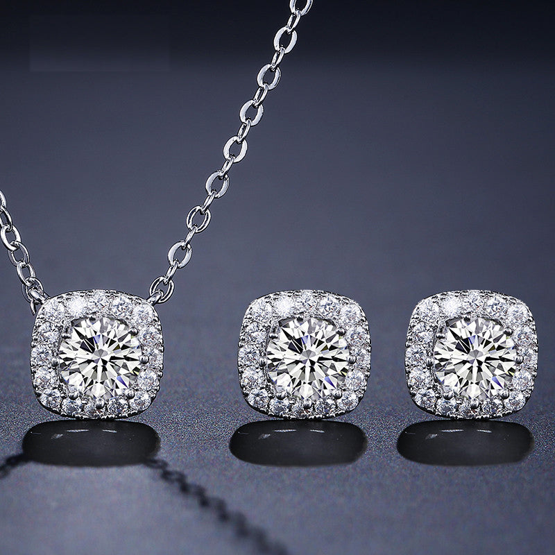 Fashion Yellow White Cz Zirconia Square Earrings & Necklace Set