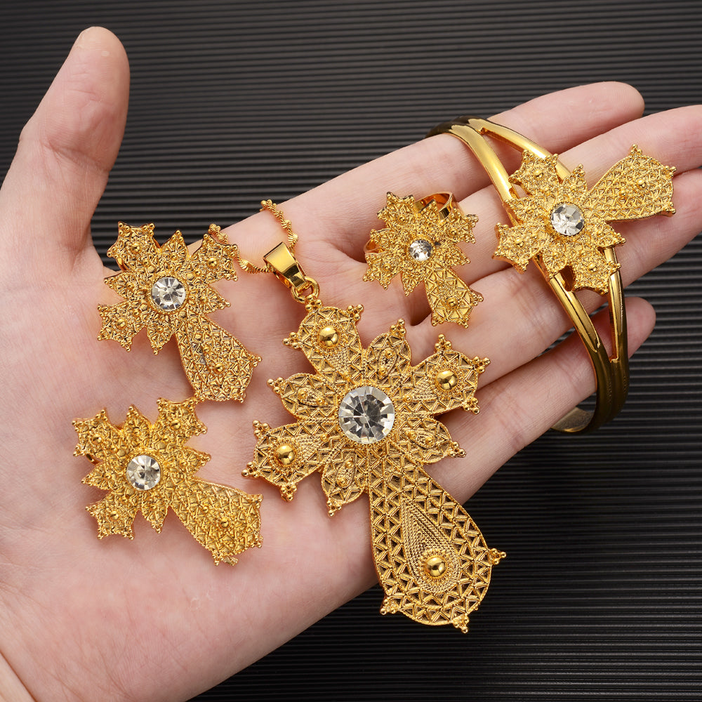 Ethiopian Rhinestone Cross Gold Color Jewelry Set
