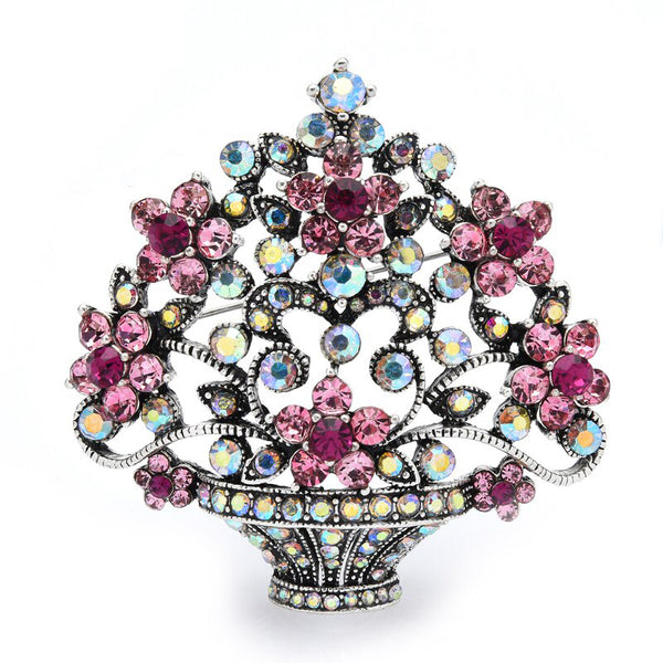 Pink Flower Basket Brooch Pins Vintage Crystal Fashion Women Brooches