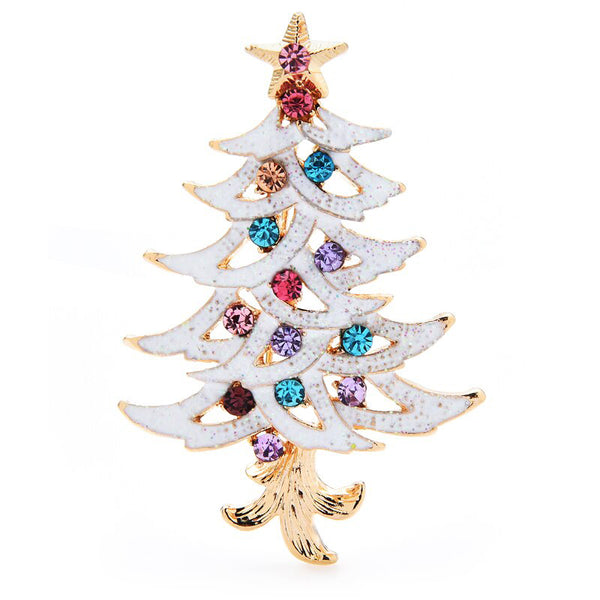 White Enamel Christmas Tree Brooches For Women Men Multicolor Rhinestone Tree New Year Brooch