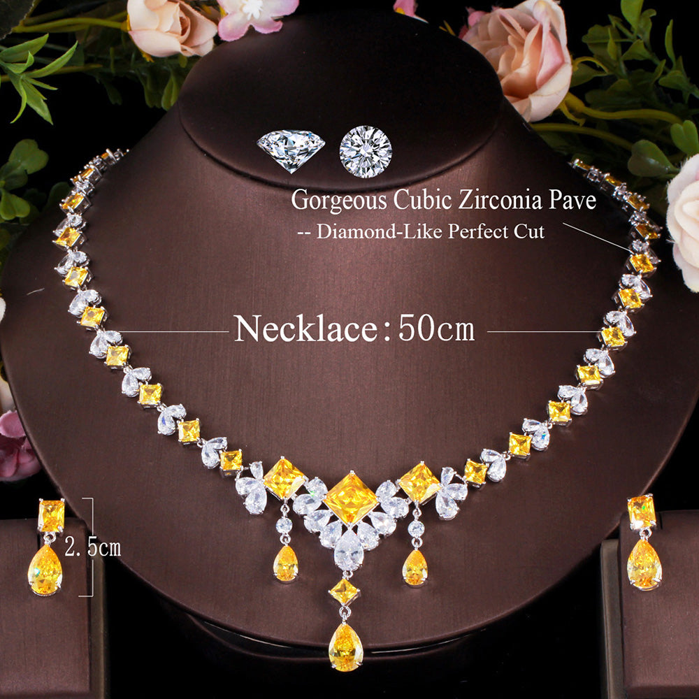 Elegant Yellow CZ Crystal Silver Color Big Square Drop  Jewelry Sets