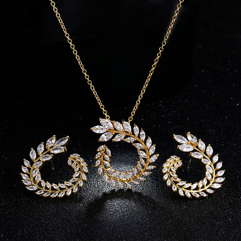 Zircon Olive Branch Earrings and Pendant Jewelry Sets