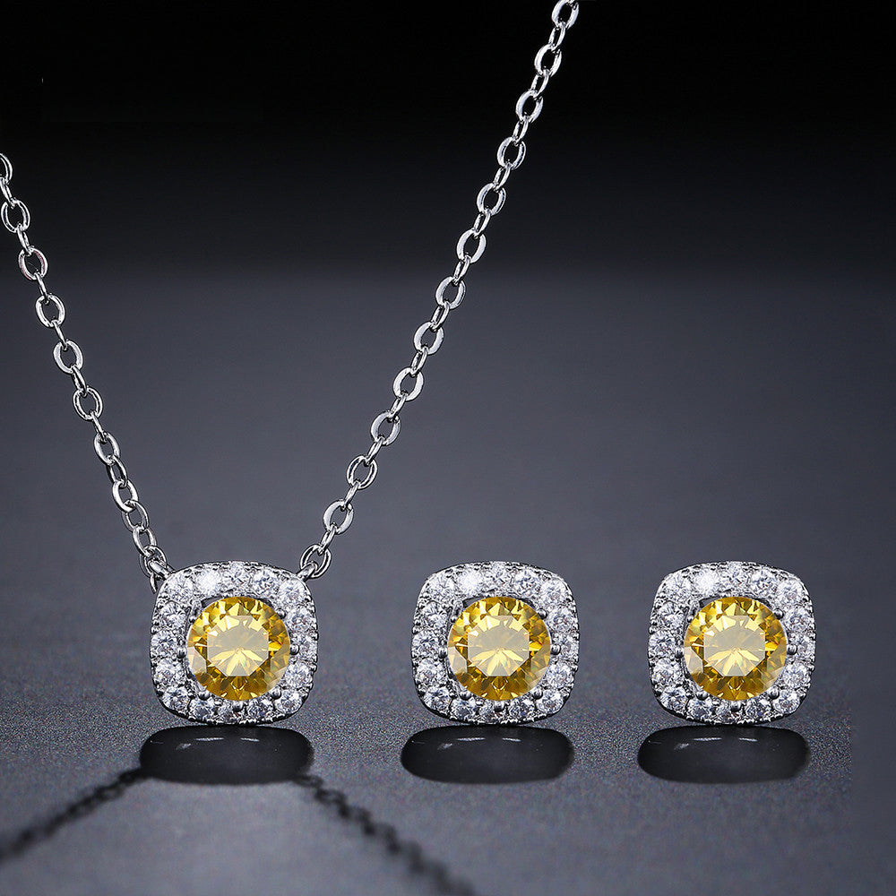 Fashion Yellow White Cz Zirconia Square Earrings & Necklace Set