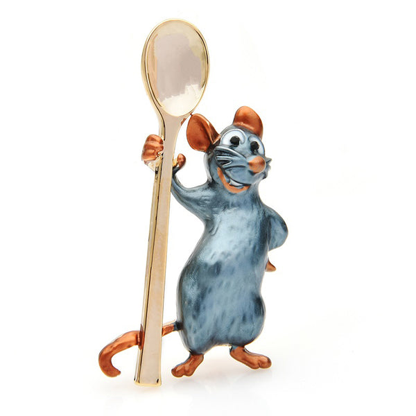 Holding Spoon Smiling Mouse Brooches Women Alloy Enamel Rat Animal Casual Party Brooch