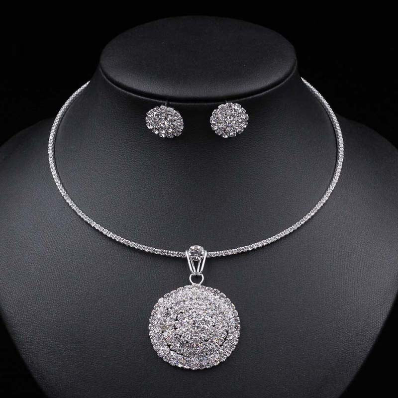 Silver Color African Beads Rhinestone Wedding Necklace Earrings Bracelet Set