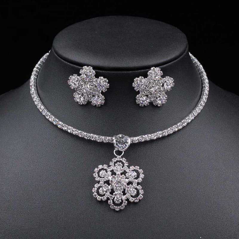 Silver Color African Beads Rhinestone Wedding Necklace Earrings Bracelet Set