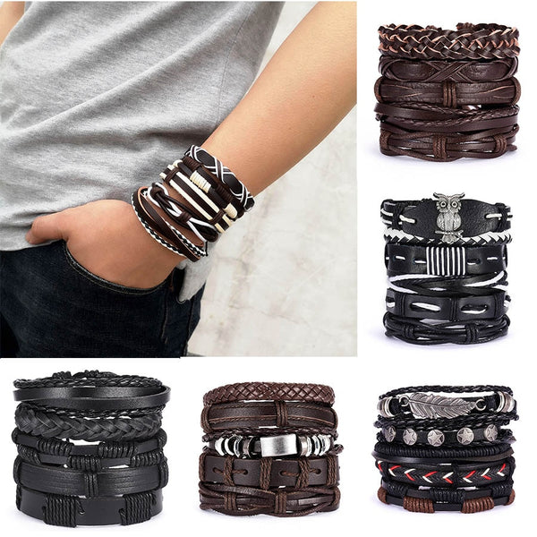 Pulseras para hombre Pulseras trenzadas de cuero multicapa vintage