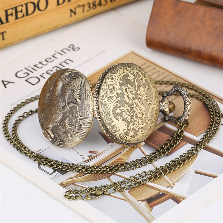 Bronze Dinosaur Display Necklace Quartz Pocket Watch