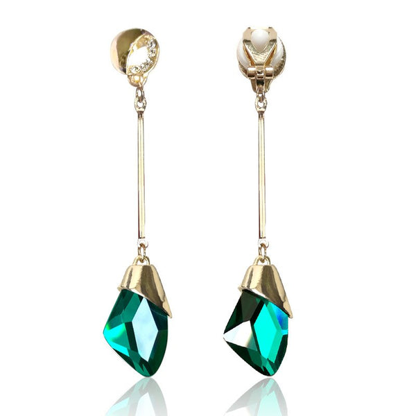 Pendientes largos con borlas y diamantes de imitación, con clip en forma de gota de agua de cristal