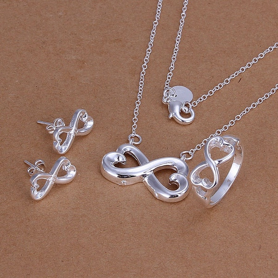 creative ring necklace stud earrings fashion Silver color jewelry set