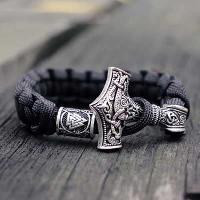 Pulsera vikinga de cuero Mjolnir para hombre